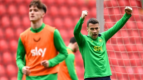 Seamus Coleman during a Republic of Ireland men's training session at the Fortuna Arena in Prague, Czechia.