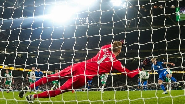 Republic of Ireland goalkeeper Caoimhin Kelleher saves a penalty from Joel Pohjanpalo of Finland during the UEFA Nations League B Group 2 match between Republic of Ireland and Finland at the Aviva Stadium in Dublin