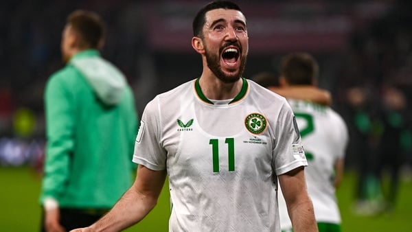 Finn Azaz of Republic of Ireland celebrates after the FIFA World Cup 2026 Group F Qualifier match between Hungary and Republic of Ireland at Puskás Aréna in Budapest, Hungary. (Photo By Ben McShane/Sportsfile via Getty Images)
