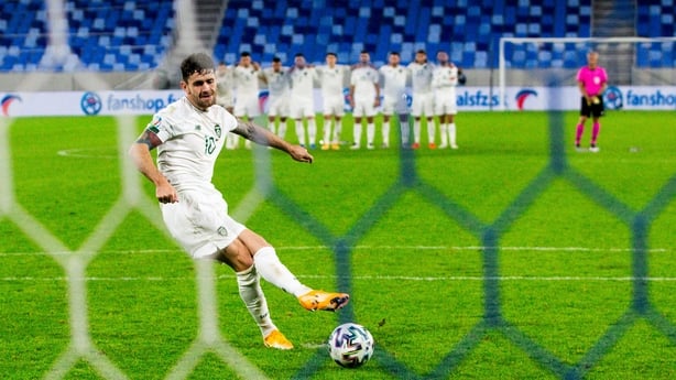 Robbie Brady of Republic of Ireland shoots to score his penalty during the penalty-shootout of the UEFA EURO2020 Qualifying Play-Off Semi-Final match between Slovakia and Republic of Ireland at Tehelné pole in Bratislava, Slovakia