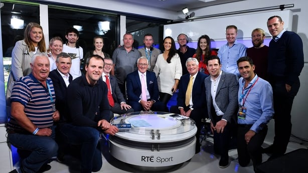 utside broadcast staff and analysts behind the scenes on the occasion of the final Sunday Game programme to be presented by Michael Lyster in 2018