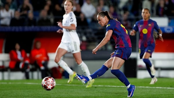 Ewa Pajor of Barcelona scores a goal during the UEFA Women's Champions League quarterfinals first leg match between Real Madrid and Barcelona at Alfredo Di Stefano Stadium in Madrid, Spain, on March 25