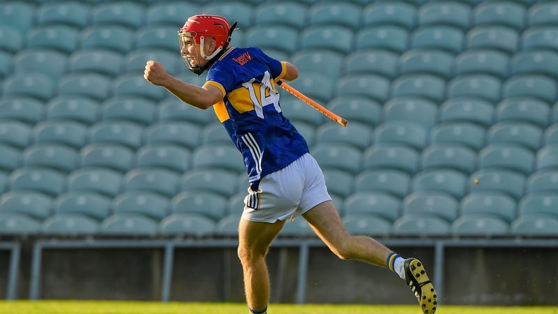 20 May 2024; Stefan Tobin of Tipperary celebrates after scoring the second goal during the Electric Ireland Munster GAA Hurling Minor Championship Final match between Clare and Tipperary at TUS Gaelic Grounds in Limerick. Photo by Matt Browne/Sportsfile