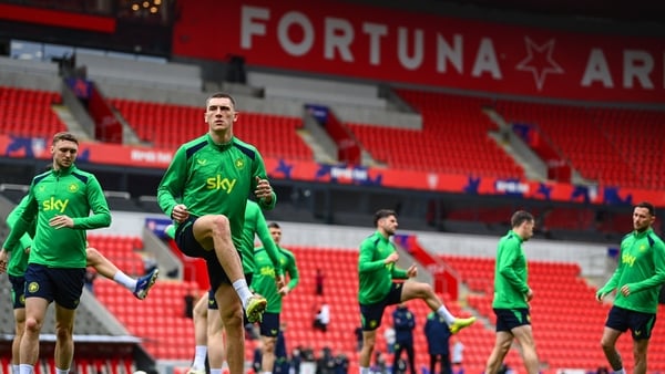 Irish players training at the Fortuna Arena in Prague ahead of World Cup semi-final play-off against Czechia