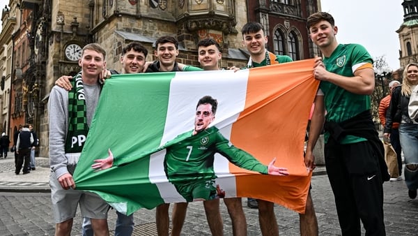 25 March 2026; Republic of Ireland supporters, from left, Elliott Hendricken, Cian Healy, Alex Bernard, Cian Cronin, Leo Clarke and Robert Garry, from Dublin, in Prague ahead of the FIFA World Cup 2026 play-off semi-final match between Czechia and Republi
