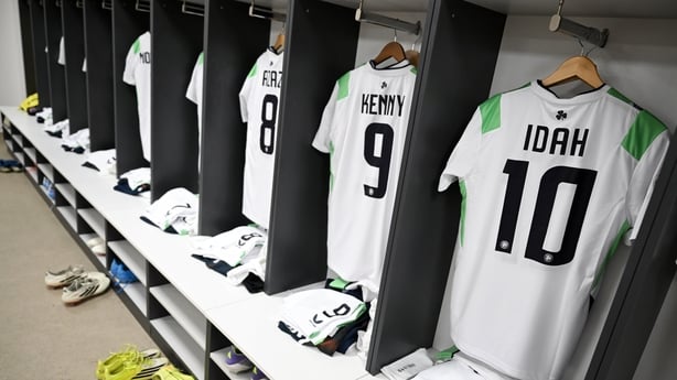26 March 2026; The jersey of Adam Idah hangs in the Republic of Ireland dressing room before the FIFA World Cup 2026 European Qualifiers play-off semi-final match between Czechia and Republic of Ireland at Fortuna Arena in Prague, Czechia. Photo by Stephen McCarthy/Sportsfile