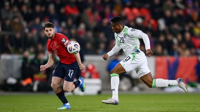 26 March 2026; Chiedozie Ogbene of Republic of Ireland during the FIFA World Cup 2026 European Qualifiers play-off semi-final match between Czechia and Republic of Ireland at Fortuna Arena in Prague, Czechia. Photo by Stephen McCarthy/Sportsfile