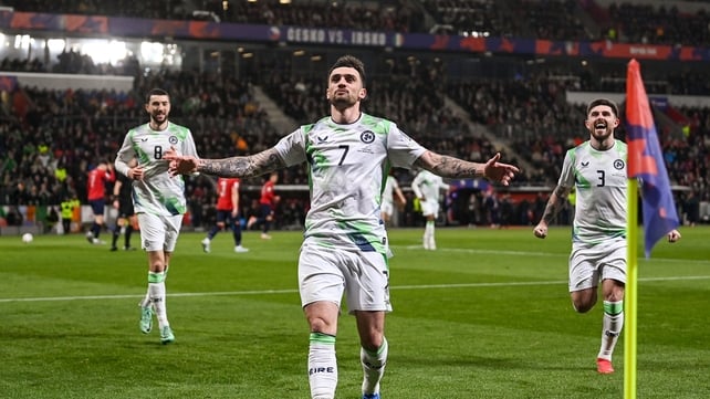 26 March 2026; Troy Parrott of Republic of Ireland celebrates after scoring his side's first goal, a penalty, during the FIFA World Cup 2026 European Qualifiers play-off semi-final match between Czechia and Republic of Ireland at Fortuna Arena in Prague,