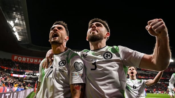 26 March 2026; Troy Parrott of Republic of Ireland, left, celebrates with team-mate Ryan Manning after scoring his side's first goal, a penalty, during the FIFA World Cup 2026 European Qualifiers play-off semi-final match between Czechia and Republic of Ireland at Fortuna Arena in Prague, Czechia. P