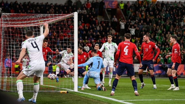 26 March 2026; Dara O'Shea of Republic of Ireland, 4, scores his side's second goal during the FIFA World Cup 2026 European Qualifiers play-off semi-final match between Czechia and Republic of Ireland at Fortuna Arena in Prague, Czechia. Photo by Stephen