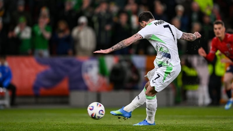 26 March 2026; Troy Parrott of Republic of Ireland shoots to score his side's first goal, a penalty, during the FIFA World Cup 2026 European Qualifiers play-off semi-final match between Czechia and Republic of Ireland at Fortuna Arena in Prague, Czechia.