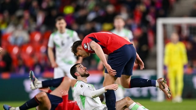 26 March 2026; Finn Azaz of Republic of Ireland tussles with Robin Hranáč of Czechia during the FIFA World Cup 2026 European Qualifiers play-off semi-final match between Czechia and Republic of Ireland at Fortuna Arena in Prague, Czechia. Photo by Stephen