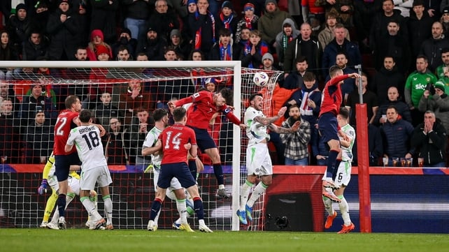 26 March 2026; Ladislav Krejčí of Czechia, centre, heads to score his side's second goal during the FIFA World Cup 2026 European Qualifiers play-off semi-final match between Czechia and Republic of Ireland at Fortuna Arena in Prague, Czechia. Photo by Ste