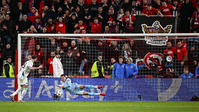 26 March 2026; Czechia goalkeeper Matěj Kovář saves the penalty of Alan Browne of Republic of Ireland in the penalty shootout during the FIFA World Cup 2026 European Qualifiers play-off semi-final match between Czechia and Republic of Ireland at Fortuna A