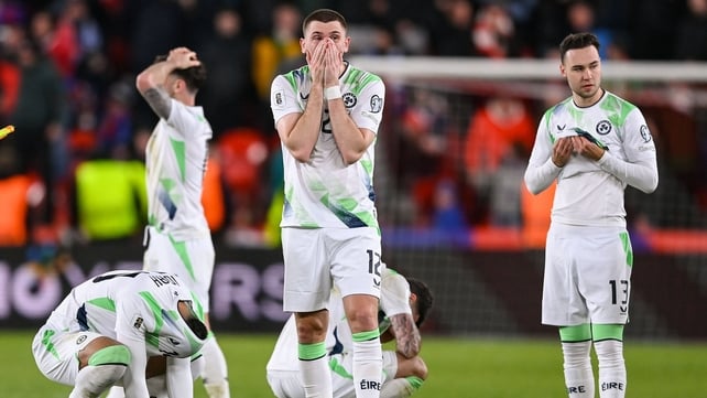 26 March 2026; Republic of Ireland players including Jimmy Dunne, 12, react after losing in the penalty shootout during the FIFA World Cup 2026 European Qualifiers play-off semi-final match between Czechia and Republic of Ireland at Fortuna Arena in Pragu