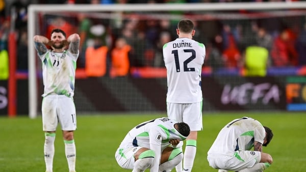 26 March 2026; Jimmy Dunne of Republic of Ireland, 12, and teammates react after the FIFA World Cup 2026 European Qualifiers play-off semi-final match between Czechia and Republic of Ireland at Fortuna Arena in Prague, Czechia. Photo by Stephen McCarthy/S