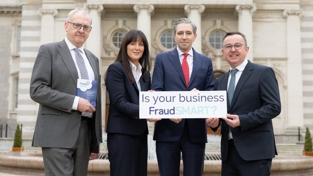 Tanaiste Simon Harris is pictured with Neil McDonnell, ISME; Susan Russell, BPFI and Brian Hayes, BPFI outside Government Buildings
