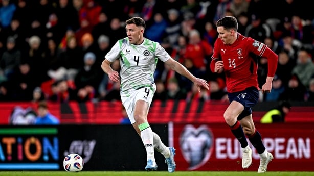 26 March 2026; Dara O'Shea of Republic of Ireland in action against Lukáš Provod of Czechia during the FIFA World Cup 2026 European Qualifiers play-off semi-final match between Czechia and Republic of Ireland at Fortuna Arena in Prague, Czechia. Photo by Seb Daly/Sportsfile
