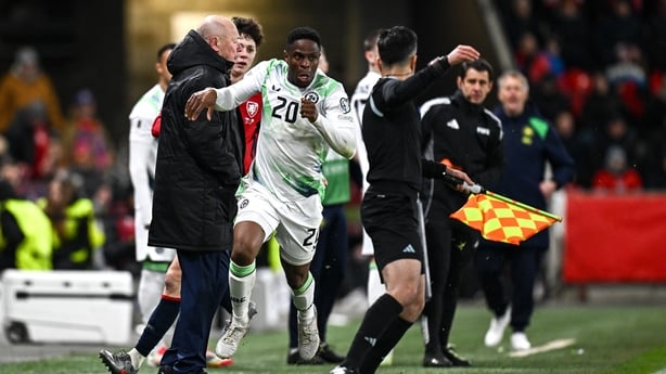 26 March 2026; Chiedozie Ogbene of Republic of Ireland during the FIFA World Cup 2026 European Qualifiers play-off semi-final match between Czechia and Republic of Ireland at Fortuna Arena in Prague, Czechia. Photo by Seb Daly/Sportsfile