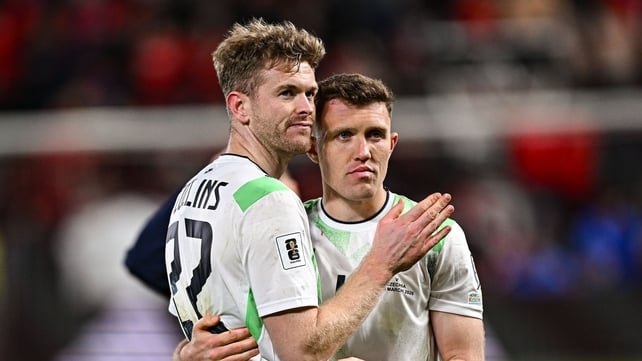 26 March 2026; Nathan Collins, left, and Dara O'Shea of Republic of Ireland after the FIFA World Cup 2026 European Qualifiers play-off semi-final match between Czechia and Republic of Ireland at Fortuna Arena in Prague, Czechia. Photo by Seb Daly/Sportsfi