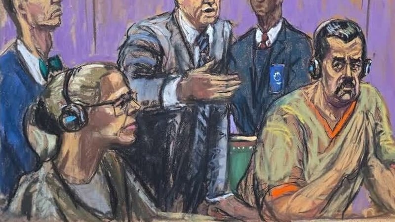 A court sketch shows Nicolas Maduro and his wife Cilia Flores in court