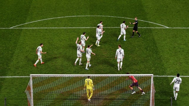26 March 2026; Republic of Ireland players react after conceding a second goal during the FIFA World Cup 2026 European Qualifiers play-off semi-final match between Czechia and Republic of Ireland at Fortuna Arena in Prague, Czechia. Photo by Stephen McCar
