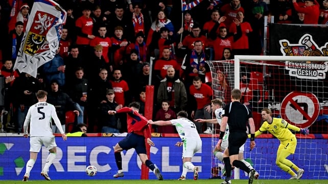 26 March 2026; Ladislav Krejčí of Czechia is fouled by Ryan Manning of Republic of Ireland resulting in a penalty during the FIFA World Cup 2026 European Qualifiers play-off semi-final match between Czechia and Republic of Ireland at Fortuna Arena in Prag