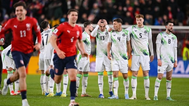 Republic of Ireland players react after the FIFA World Cup 2026 European Qualifiers play-off semi-final match between Czechia and Republic of Ireland at Fortuna Arena in Prague, Czechia.