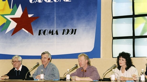 Conductor Noel Kelehan, RTÉ Television producer Adrian Cronin, songwriter Liam Reilly and singer Kim Jackson' some members of the Irish delegation at a press conference in the days leading up to the 36th Eurovision Song Contest, which was held in Studio 15 di Cinecittà in Rome, Italy, on 4 May 1991.