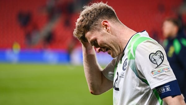 26 March 2026; Nathan Collins of Republic of Ireland after the FIFA World Cup 2026 European Qualifiers play-off semi-final match between Czechia and Republic of Ireland at Fortuna Arena in Prague, Czechia. Photo by Stephen McCarthy/Sportsfile