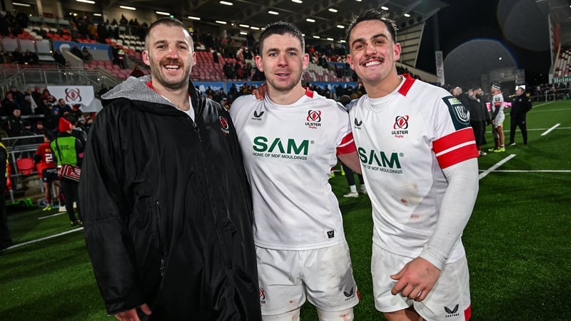 2 January 2026; Ulster players, from left, Stuart McCloskey, Nick Timoney and James Hume after their side's victory in the United Rugby Championship match between Ulster and Munster at Affidea Stadium in Belfast. Photo by Ramsey Cardy/Sportsfile