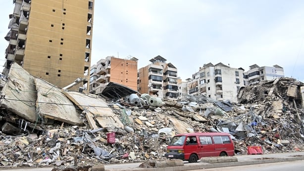A view of ruins as large number of buildings, structures, and vehicles were damaged in the region after an attack in southern Beirut, Lebanon.