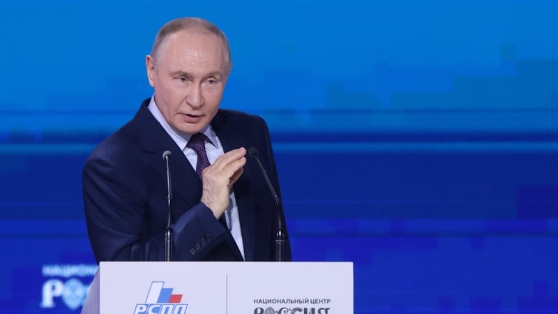 MOSCOW, RUSSIA - MARCH 26: Russian President Vladimir Putin gestures during the Congress of Russian Union of Industialists and Entrepreneurs (RSPP), on March 26, 2026 in Moscow, Russia. President Putin Visited an annual congress of top national businessme