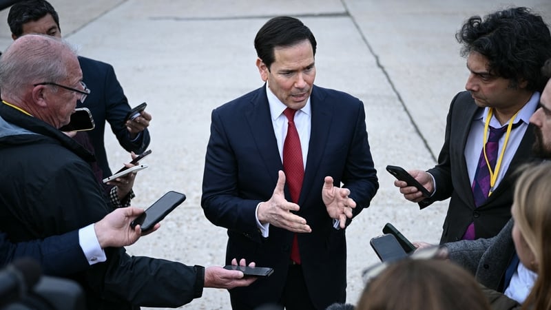 US Secretary of State Marco Rubio (C) gestures as he speaks to the press following a G7 Foreign Ministers' meeting with Partner Countries before his departure at the Bourget airport in Le Bourget, outside Paris