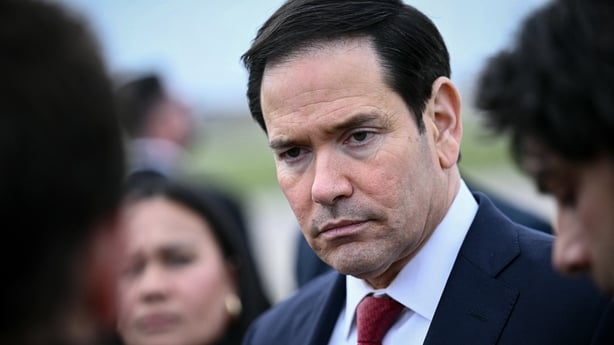 US Secretary of State Marco Rubio speaks to the press before his departure at the Bourget airport outside Paris in France.