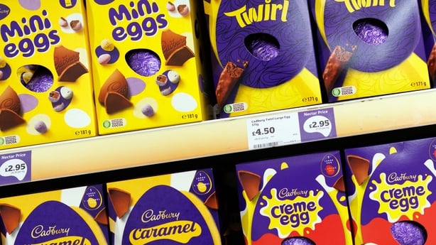 LONDON, ENGLAND - MARCH 26: Cadbury's Easter eggs are displayed on a shelf in a Sainsbury's supermarket on March 26, 2026 in London, England. People buying chocolate ahead of Easter this year are paying up to 40% more for some seasonal favorites, while also seeing the size of the treats shrink - a p