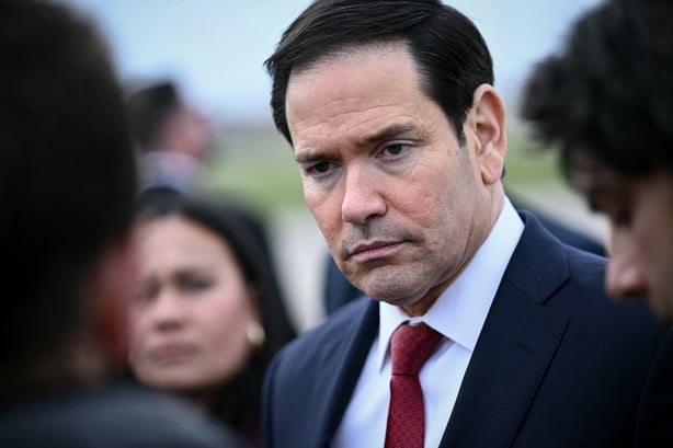 US Secretary of State Marco Rubio looks on as he speaks to the press following a G7 Foreign Ministers' meeting with Partner Countries before his departure at the Bourget airport in Le Bourget, outside Paris, on March 27, 2026. Foreign ministers from the G7 will take part part in a two-day meeting wi