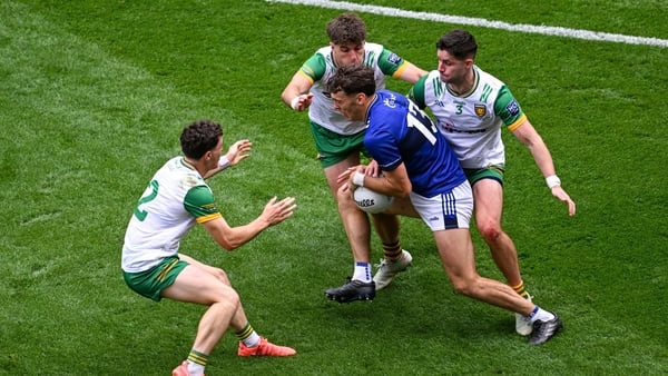 27 July 2025; David Clifford of Kerry in action against Donegal players, from left, Finnbarr Roarty, Dáire Ó Baoill and Brendan McCole during the GAA Football All-Ireland Senior Championship final match between Kerry and Donegal at Croke Park in Dublin. P