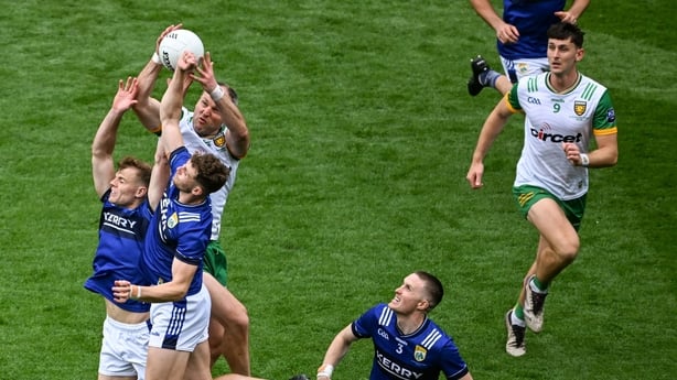 27 July 2025; Michael Murphy of Dongeal in action against Kerry players Mark O'Shea and Seán O'Brien during the GAA Football All-Ireland Senior Championship final match between Kerry and Donegal at Croke Park in Dublin. Photo by Daire Brennan/Sportsfile