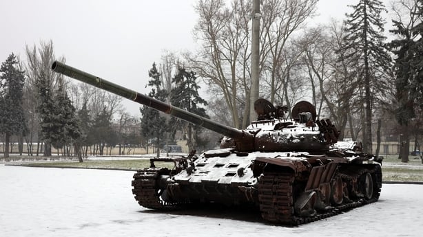  Destroyed Russian main battle tank stands on display in Odesa, Ukraine