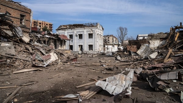 An aftermath view shows damage to Post Office No. 8 following Russian airstrikes using K-250 guided bombs in Sloviansk, Ukraine