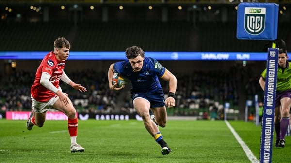 27 March 2026; Joshua Kenny of Leinster scores his side's sixth try during the United Rugby Championship match between Leinster and Scarlets at the Aviva Stadium in Dublin. Photo by Brendan Moran/Sportsfile