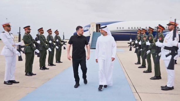 Suhail bin Mohamed Al Mazrouei, UAE Minister of Energy and Infrastructure, receives Volodymyr Zelenskiy, President of Ukraine, in the United Arab Emirates
