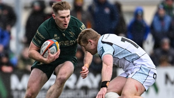 28 March 2026; Finn Treacy of Connacht is tackled by Keiran Williams of Ospreys during the United Rugby Championship match between Connacht and Ospreys at Dexcom Stadium in Galway. Photo by Paul Phelan/Sportsfile