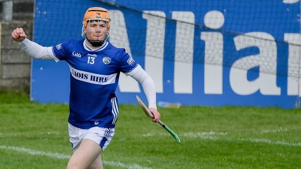 28 March 2026; Cillian Dunne of Laois celebrates after scoring his side's second goal during the Allianz Hurling League Division 2 final match between Laois and Kerry at Laois Hire O'Moore Park in Portlaoise, Laois. Photo by Brendan Moran/Sportsfile