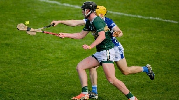 28 March 2026; Liam Óg O'Connor of Kerry in action against Ian Shanahan of Laois during the Allianz Hurling League Division 2 final match between Laois and Kerry at Laois Hire O'Moore Park in Portlaoise, Laois. Photo by Brendan Moran/Sportsfile
