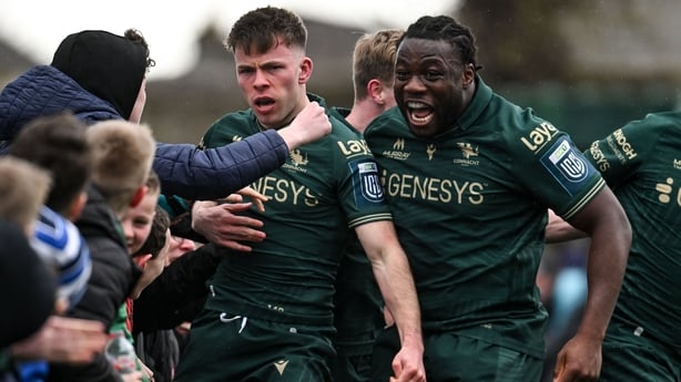 28 March 2026; Matthew Devine of Connacht celebrates after scoring his side's third try with Sam Illo during the United Rugby Championship match between Connacht and Ospreys at Dexcom Stadium in Galway. Photo by Paul Phelan/Sportsfile
