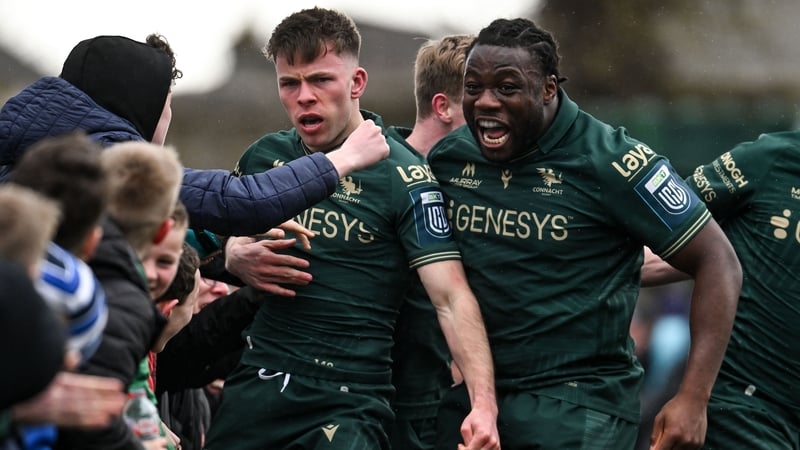 28 March 2026; Matthew Devine of Connacht celebrates after scoring his side's third try with Sam Illo during the United Rugby Championship match between Connacht and Ospreys at Dexcom Stadium in Galway. Photo by Paul Phelan/Sportsfile