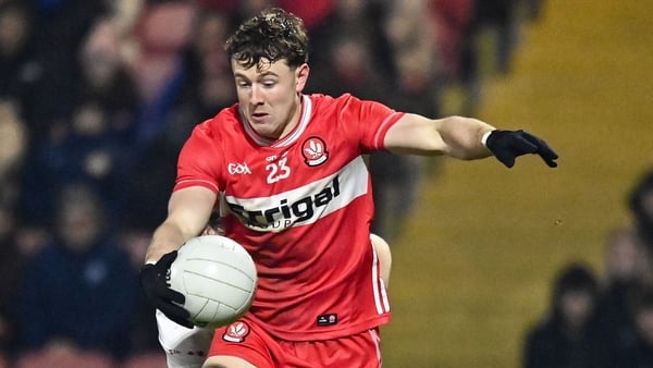 31 January 2026; Conall Higgins of Derry during the Allianz Football League Division 2 match between Derry and Tyrone at Celtic Park in Derry. Photo by Oliver McVeigh/Sportsfile