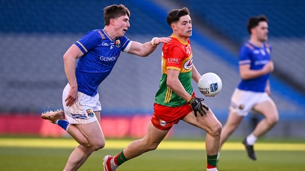28 March 2026; Paddy McDonnell of Carlow in action against James Moran of Longford during the Allianz Football League Division 4 final match between Carlow and Longford at Croke Park in Dublin. Photo by David Fitzgerald/Sportsfile